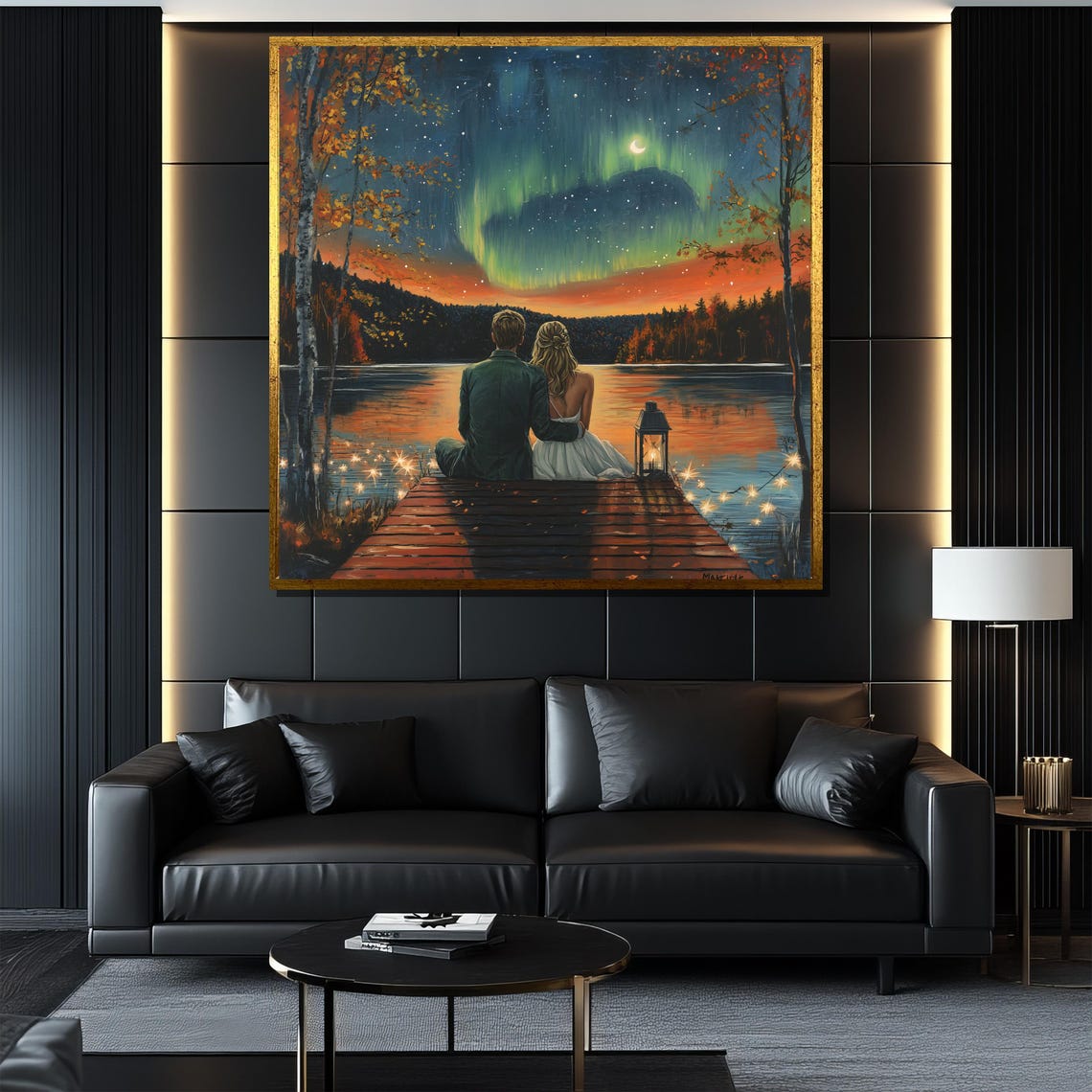 Romantic Couple on Dock Under Northern Lights Lake Night Poster - Image 4