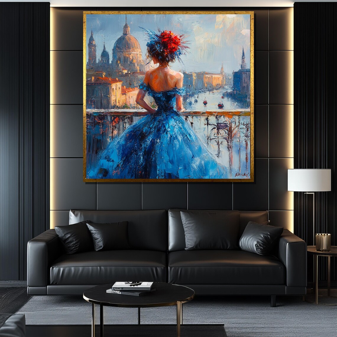 Woman in Blue Gown Overlooking Venice Grand Canal Cityscape Poster - Image 4