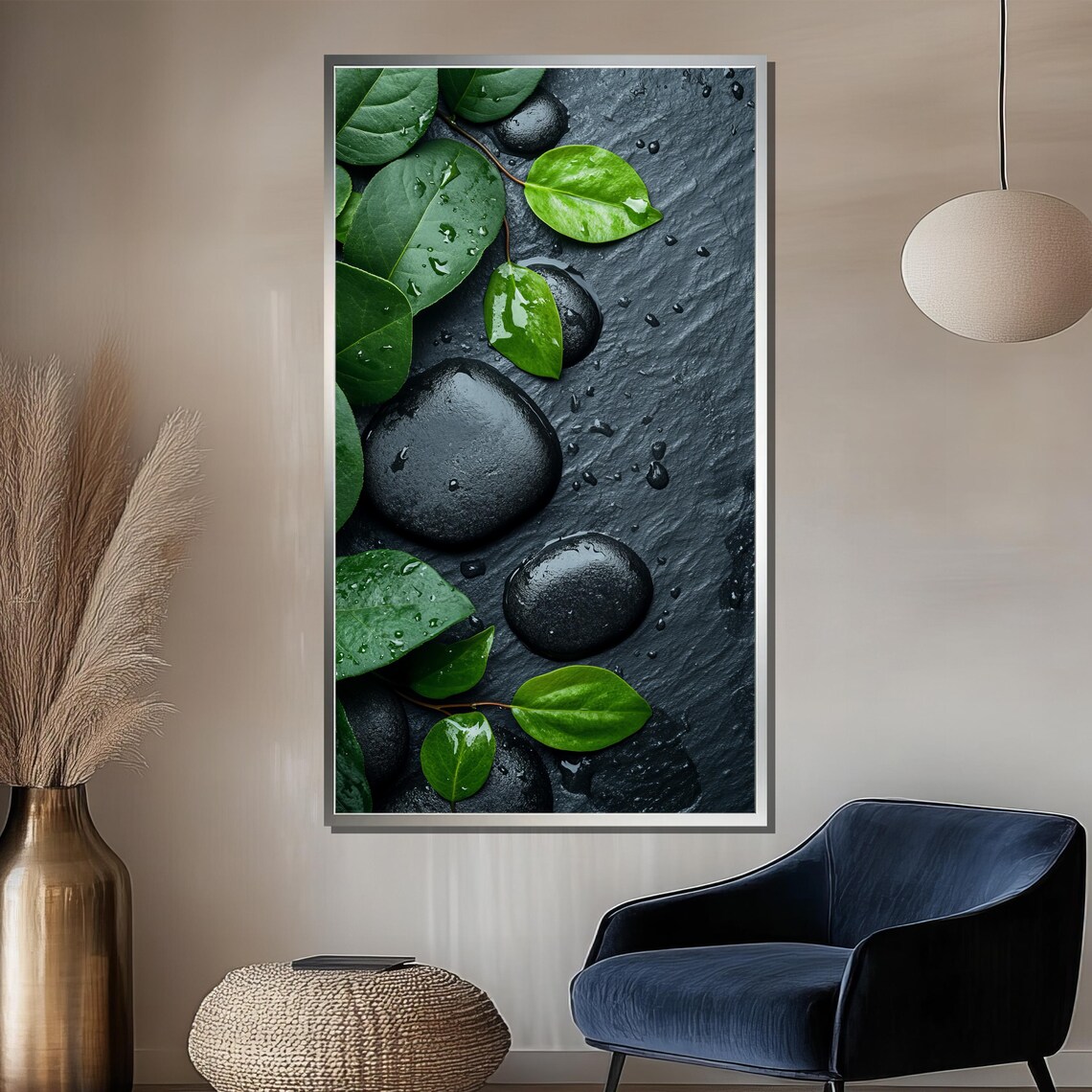 Black Spa Stones Green Leaves Water Droplets Zen Nature Poster - Image 2