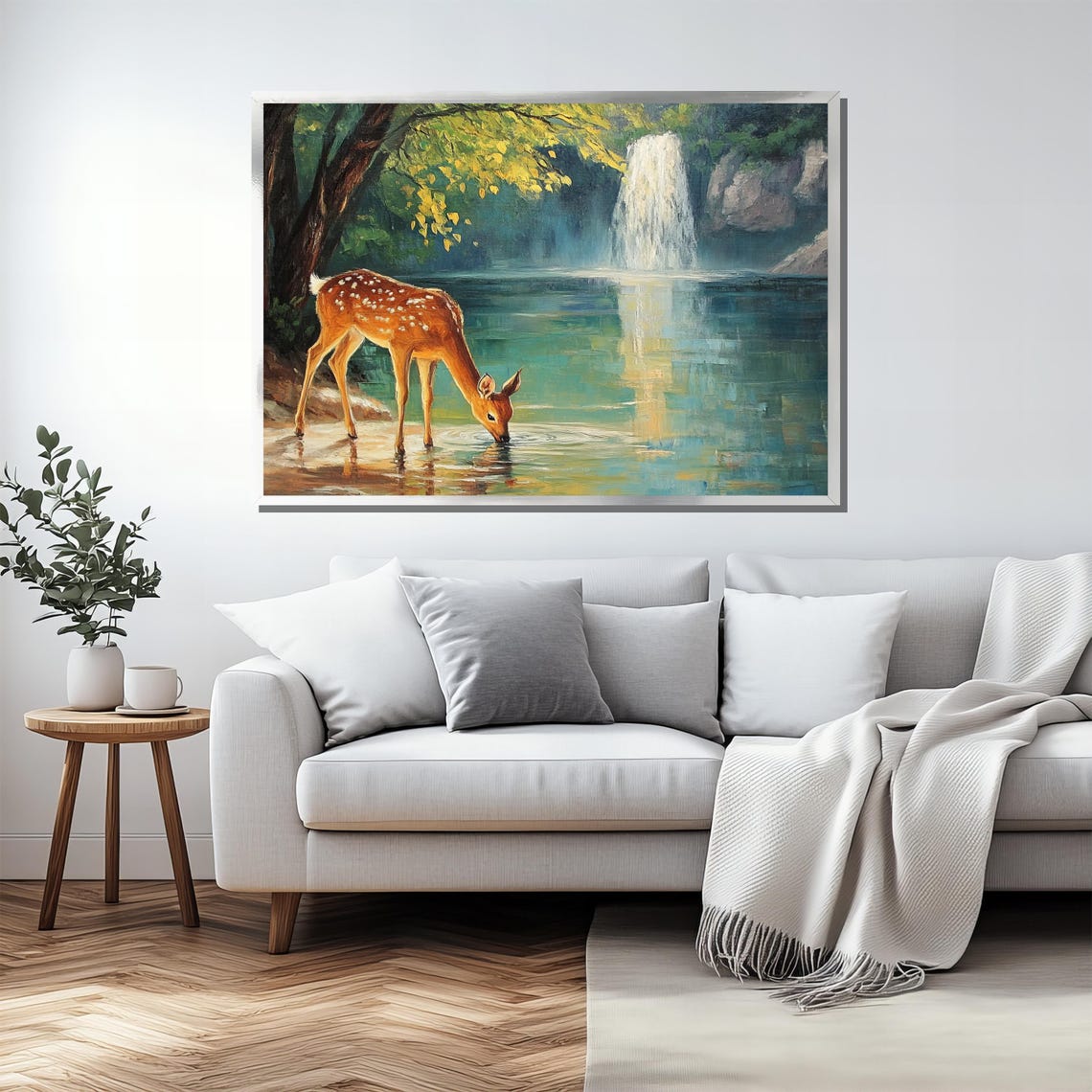 Fawn Drinking At The Waterfall Forest Nature Painting Scene Poster - Image 2