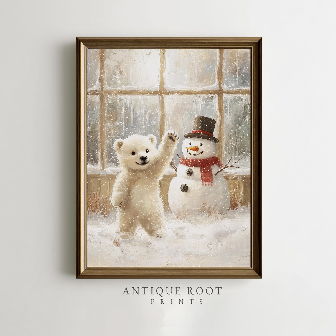 Polar Bear Cub Snowman Festive Christmas Cozy Winter Wall Art