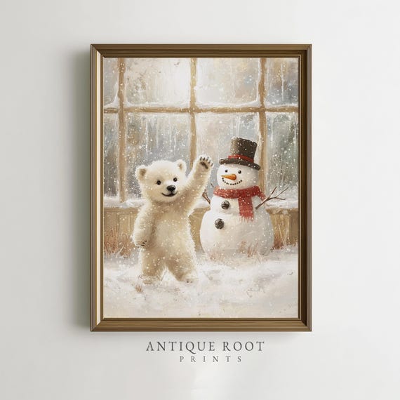 Polar Bear Cub With Snowman Festive Christmas Wall Art Cozy Winter Holiday Decor Painterly Illustration Instant 209