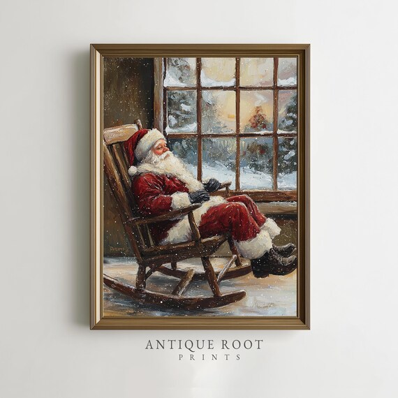 Santa Claus Rocking Chair Snowy Window Cozy Christmas Poster