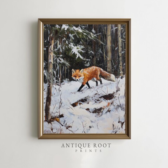 Snowy Red Fox Wall Art Winter Forest Artwork Cozy Rustic Home Decor Moody Wildlife Nature Painting