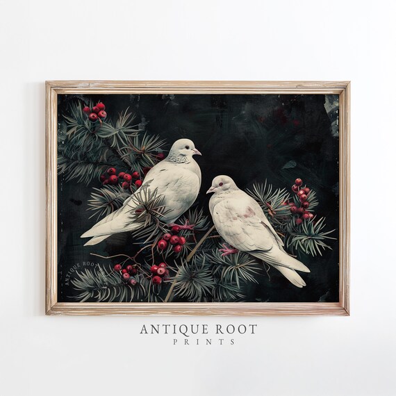 Two White Doves Pine Branch Red Berries Vintage Festive Art Poster