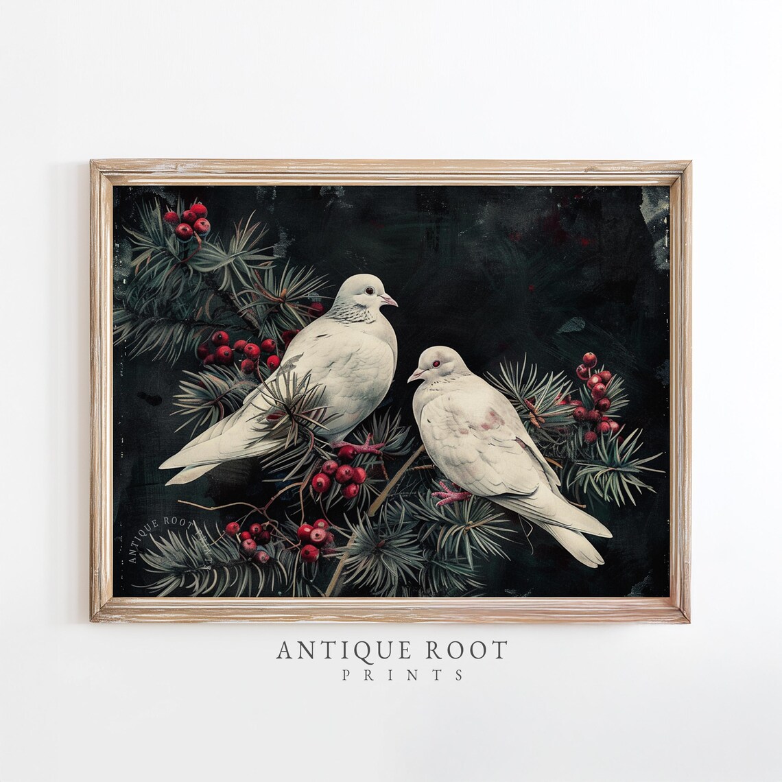 Two White Doves Pine Branch Red Berries Vintage Festive Art Poster