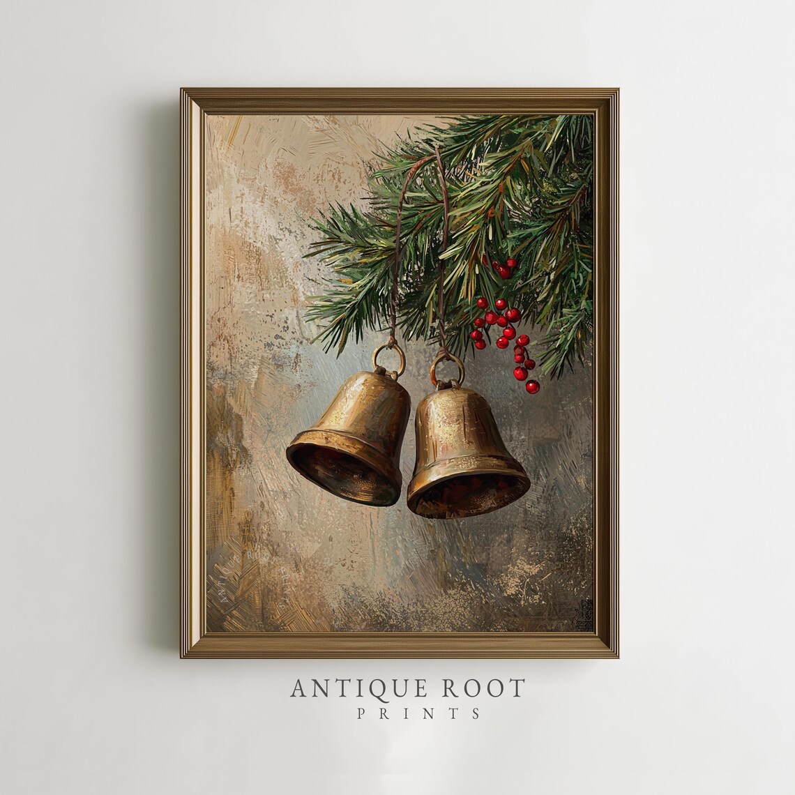 Vintage Christmas Brass Bells Pine Branch Red Berries Holiday Poster