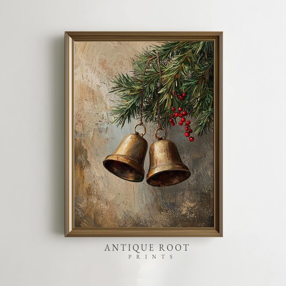 Vintage Christmas Brass Bells Pine Branch Red Berries Holiday Poster