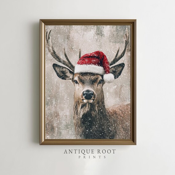 Christmas Stag In Santa Hat Snowy Rustic Farmhouse Holiday Art Print