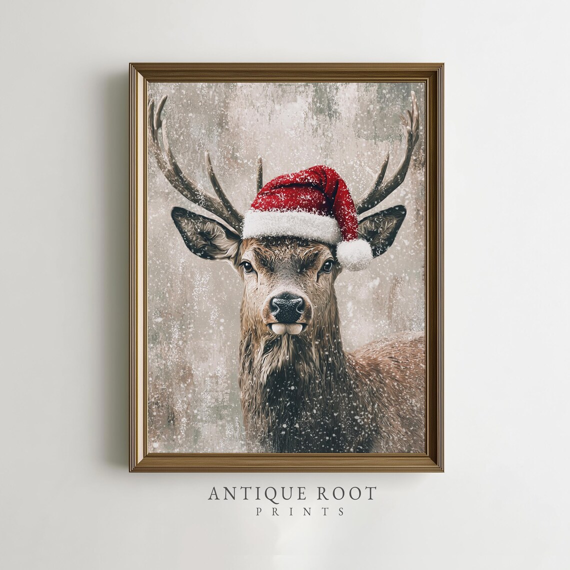 Christmas Stag In Santa Hat Snowy Rustic Farmhouse Holiday Art Print