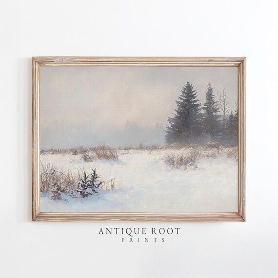 Snowy Field With Trees Winter Landscape Art Moody Wall Decor Rustic Farmhouse Style Neutral Snow Scene 142