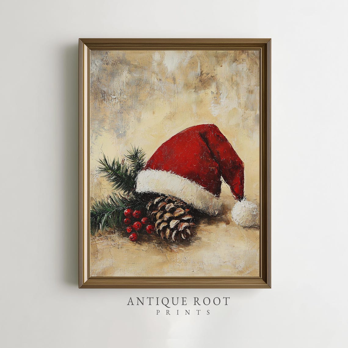 Rustic Santa Hat with Pinecones Vintage Christmas Oil Painting Poster