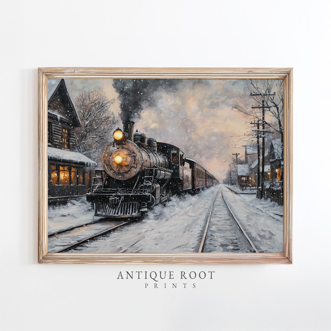 Vintage Steam Locomotive Snowy Railroad Town Winter Train Print