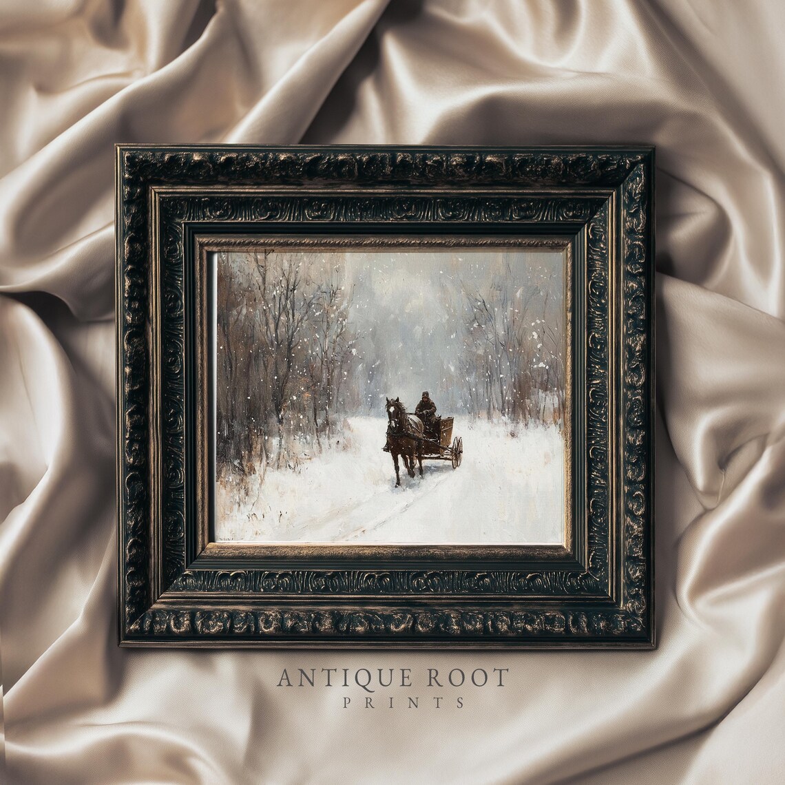 Horse And Carriage On Snowy Forest Road Moody Vintage Winter Print