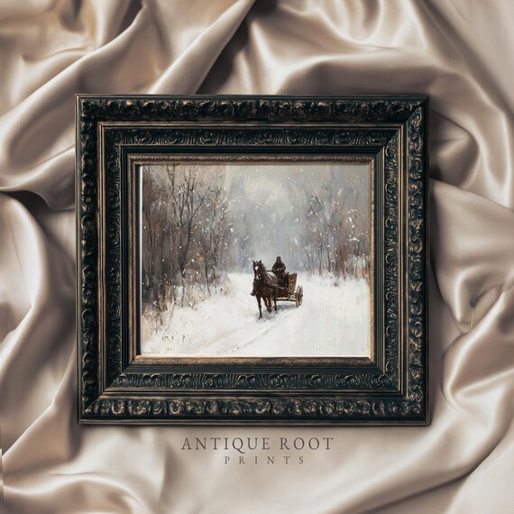 Winter Wall Art Horse And Carriage Print Moody Vintage Scene Rustic Hallway Decor Impressionist 172