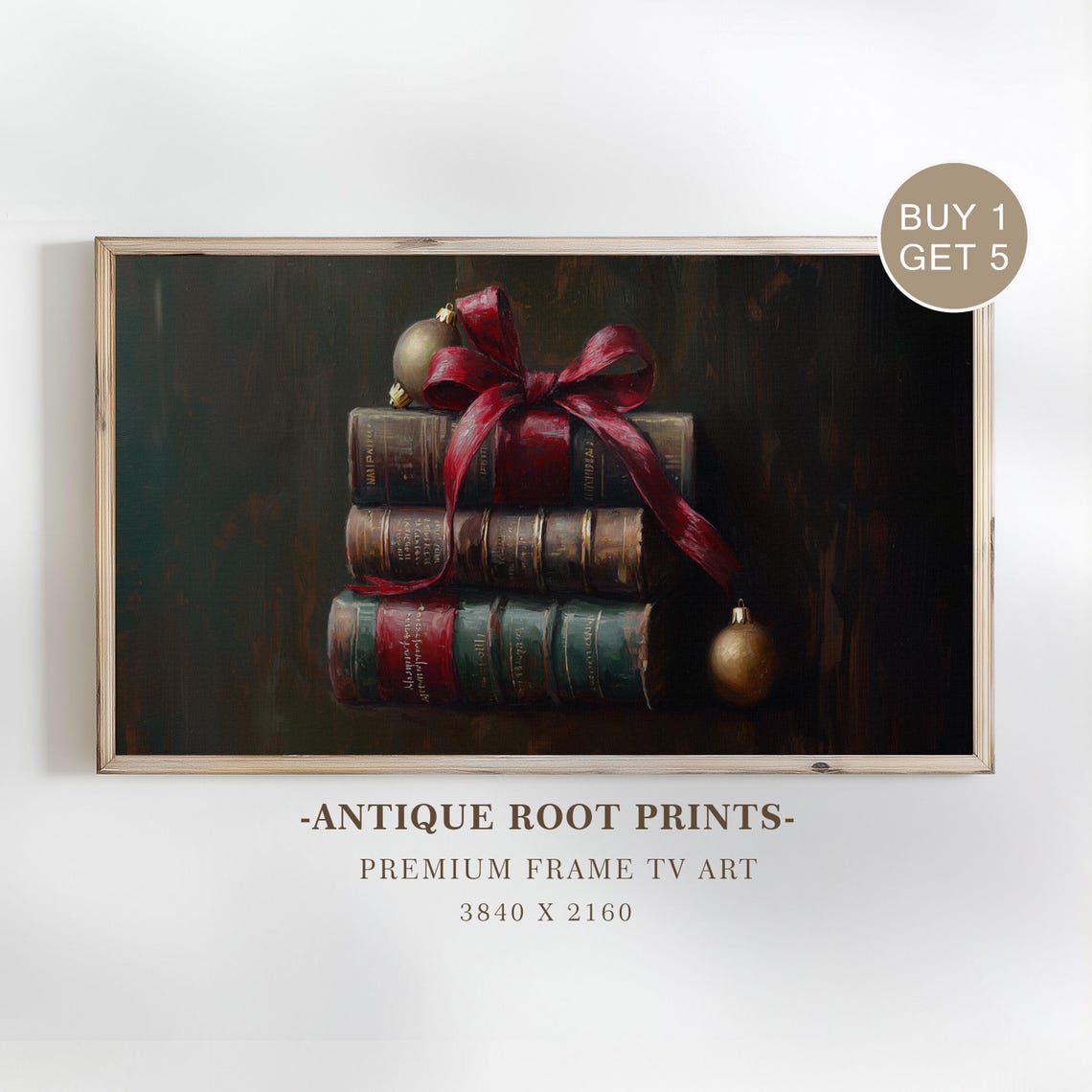 Vintage Stacked Books Red Ribbon Gold Ornaments Still Life Poster