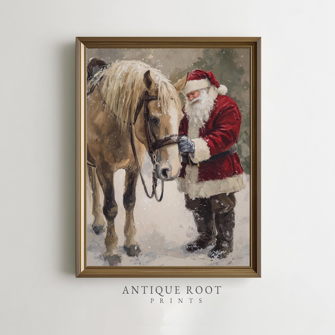Santa Claus With Horse In Snow Rustic Christmas Painting Poster