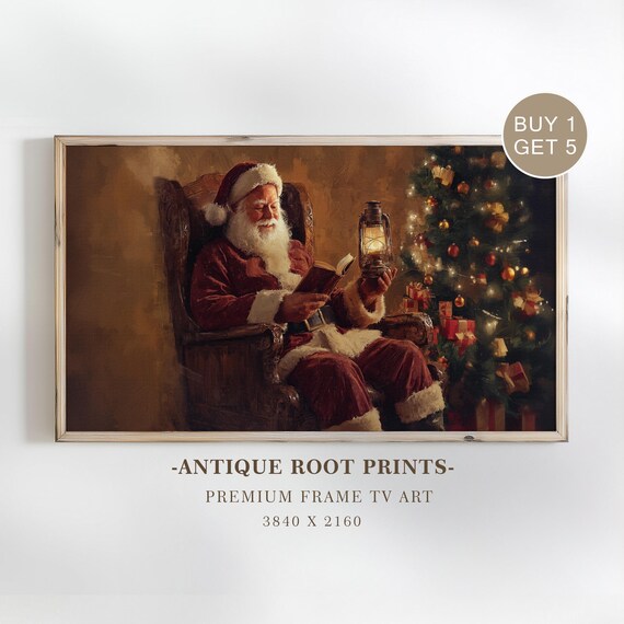 Vintage Santa Reading Lantern Cozy Christmas Tree Night Poster