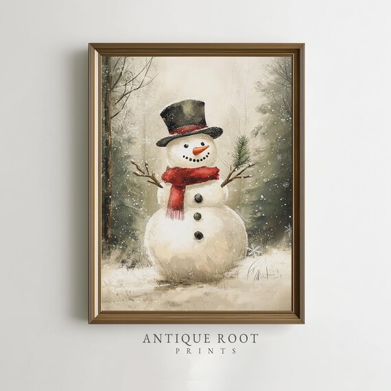 Snowman With Red Scarf Top Hat Rustic Winter Snowfall Art Poster