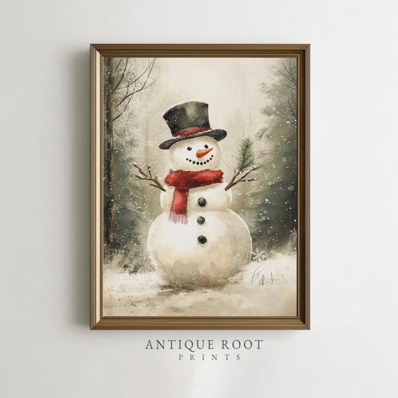 Snowman With Scarf And Hat Rustic Winter Art Cozy Farmhouse Decor Painting Festive Snow Scene Wall Instant 91