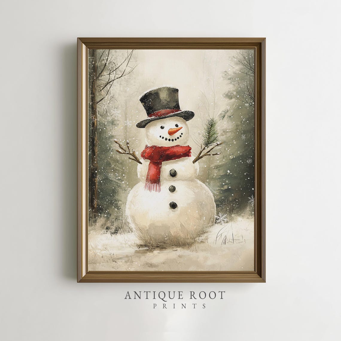 Snowman With Red Scarf Top Hat Rustic Winter Snowfall Art Poster