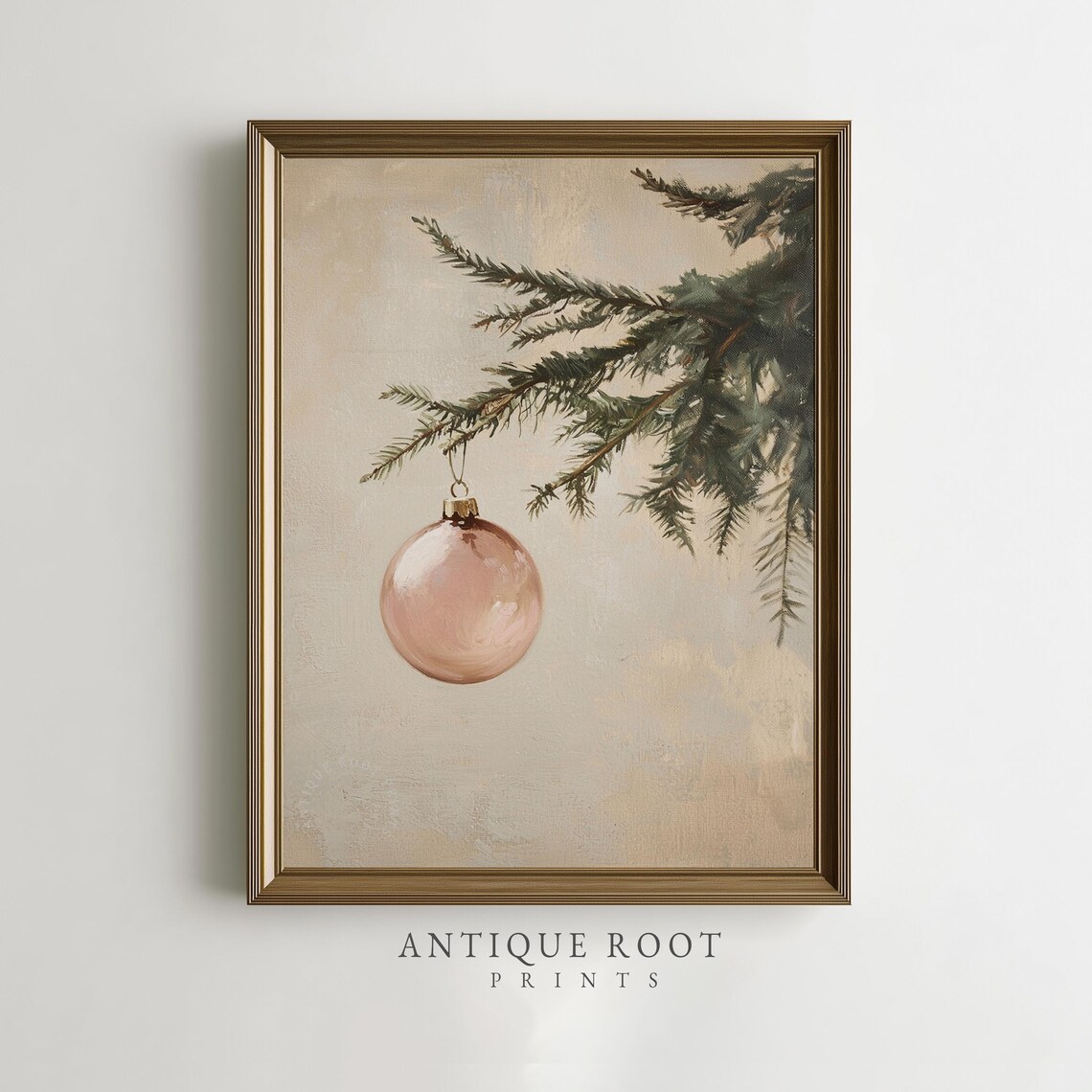 Blush Pink Christmas Ornament Evergreen Branch Vintage Wall Art