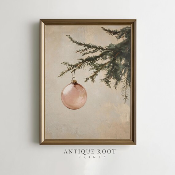 Blush Pink Christmas Ornament Evergreen Branch Vintage Wall Art