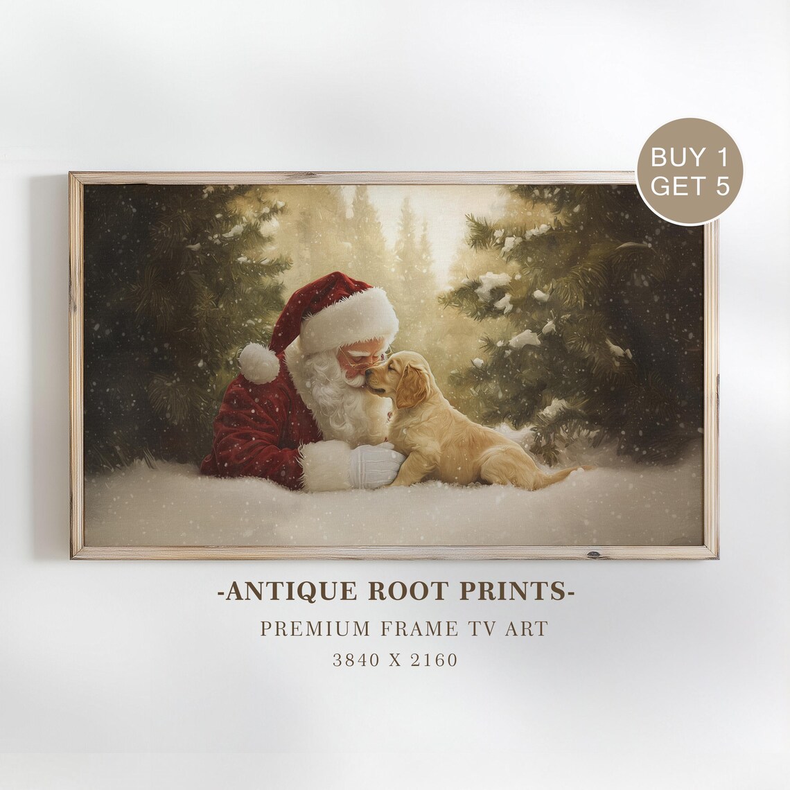 Santa Claus With Golden Retriever Puppy Snowy Forest Christmas Poster