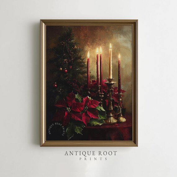 Christmas Still Life With Candles Poinsettias And Tree Poster
