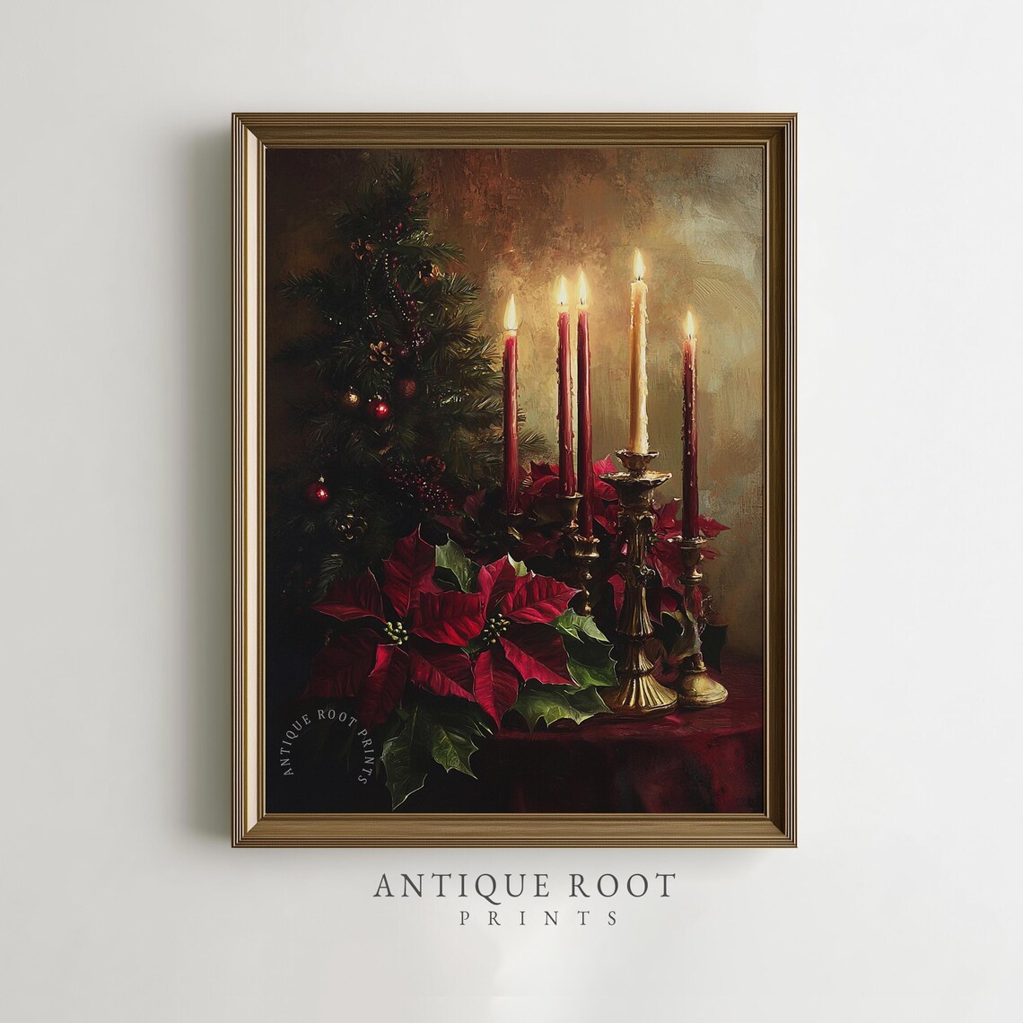 Christmas Still Life With Candles Poinsettias And Tree Poster