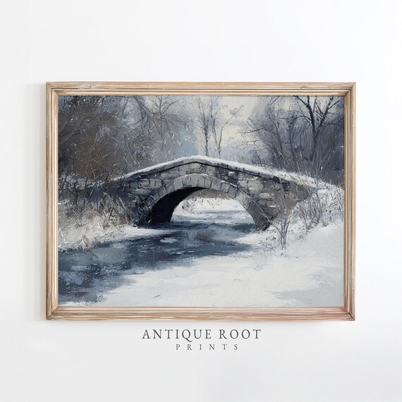 Winter Stone Bridge Landscape Print Vintage Wall Art Moody Serene Scene For Living Room Decor