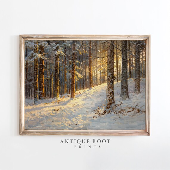 Sunlit Winter Forest Wall Art Rustic Birch Pine Scene Moody Snowy Landscape Impressionist Style Artwork Instant 87