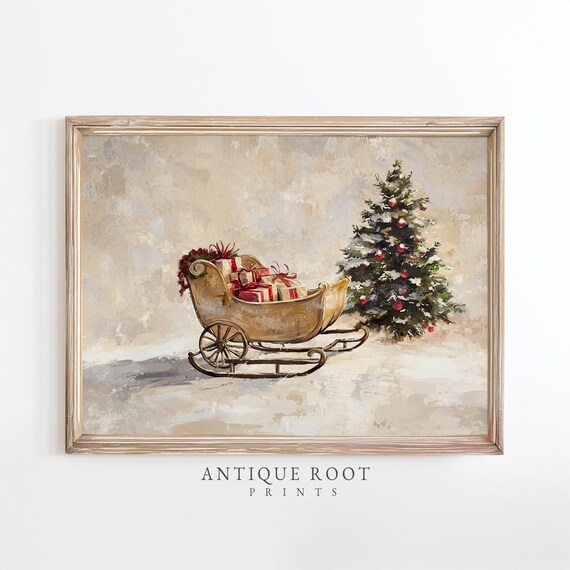 Vintage Christmas Sleigh With Gifts Festive Tree Holiday Poster