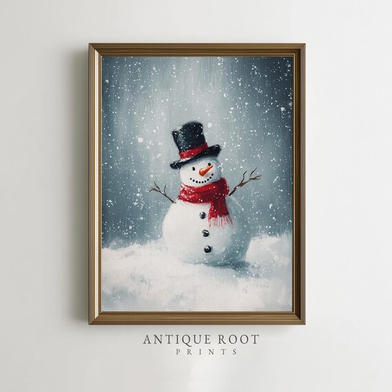 Cheerful Cute Snowman Falling Snow Red Scarf Top Hat Winter Poster