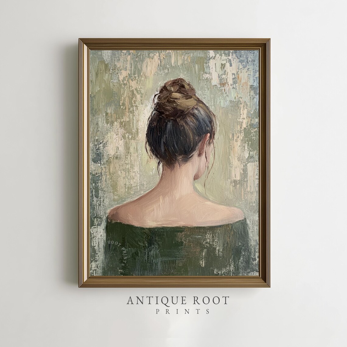 Woman In Green Off Shoulder Dress Poster Moody Back Portrait Painting