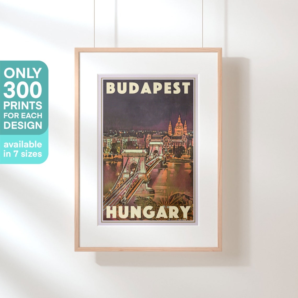 Budapest Hungary Vintage Travel Poster With Chain Bridge Night Lights - Image 3