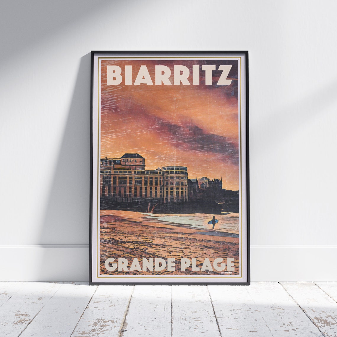 Biarritz Grande Plage Surfer Sunset France Vintage Travel Art Poster