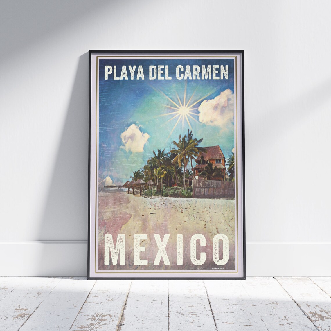 Playa del Carmen Mexico Vintage Travel Poster With Palm Beach Huts