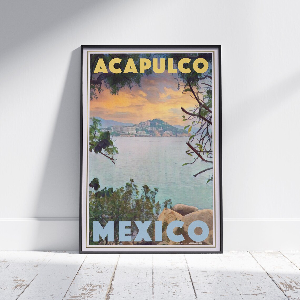 Acapulco Mexico Sunset Bay Golden Coastline Retro Travel Poster