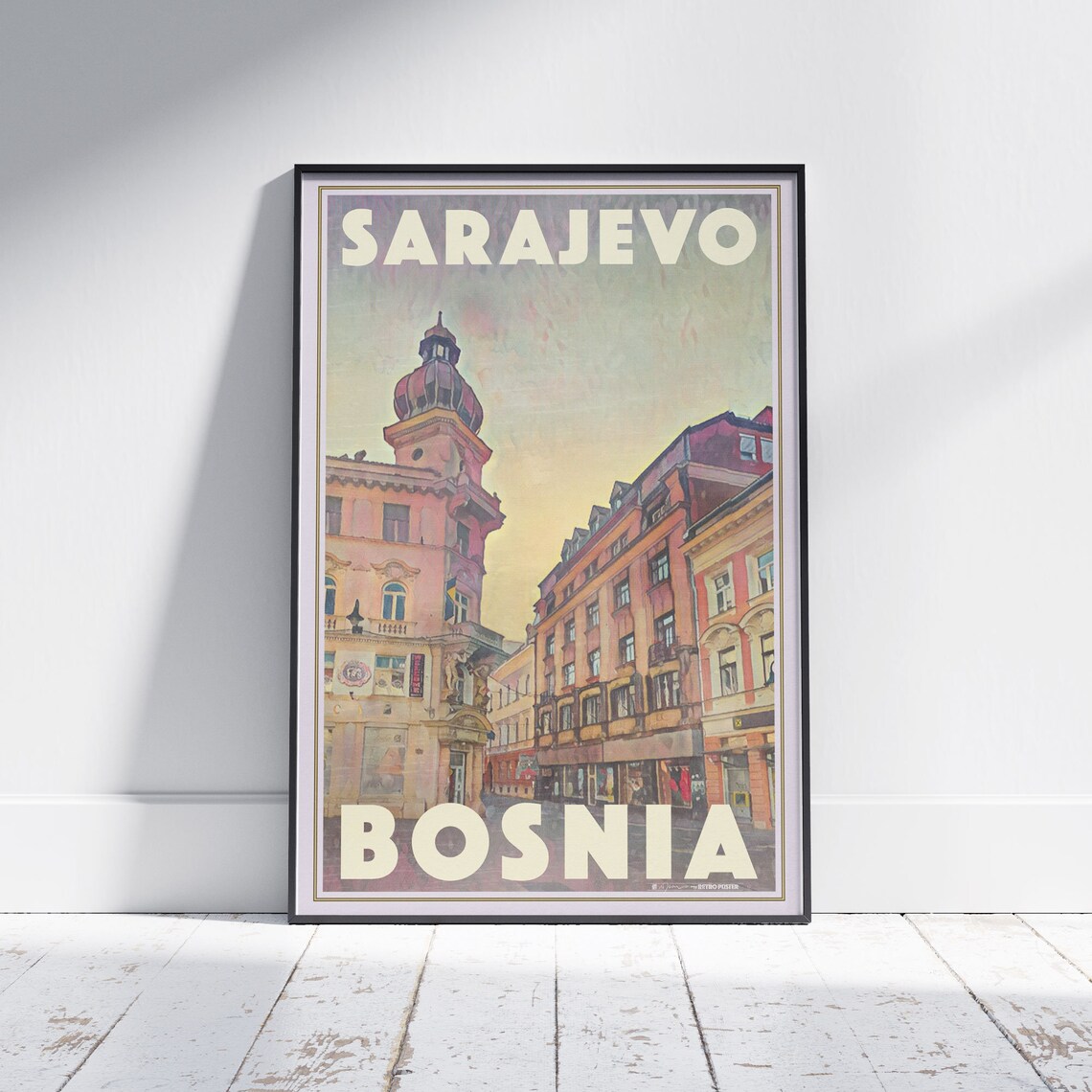 Sarajevo Bosnia Vintage Travel Poster With Historic Street And Dome