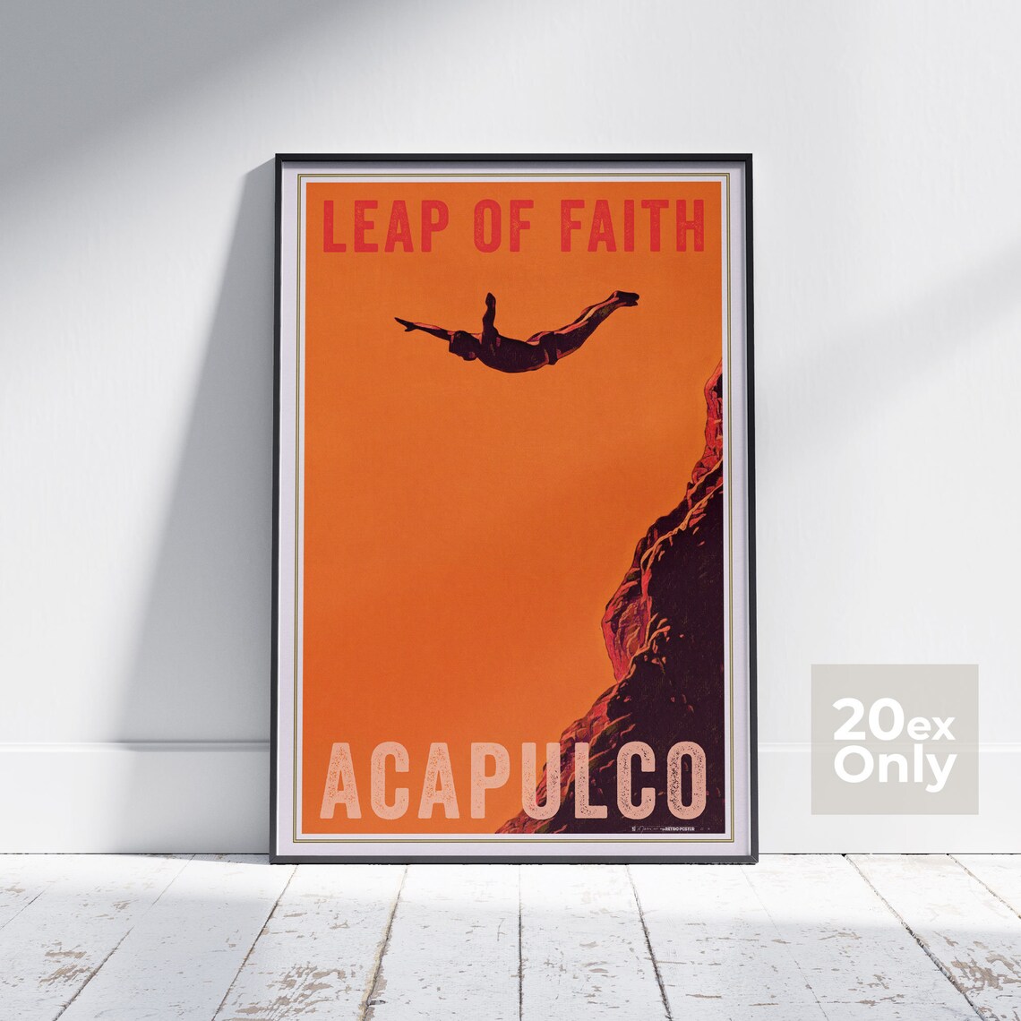 Acapulco Cliff Diver Leap of Faith Sunset Orange Vintage Poster