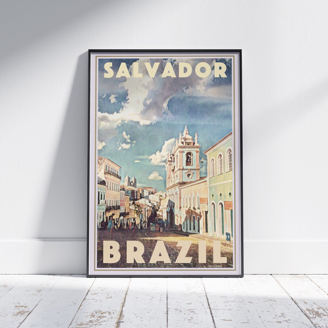 Salvador Brazil Retro Travel Poster Colonial Street Church Tower Art