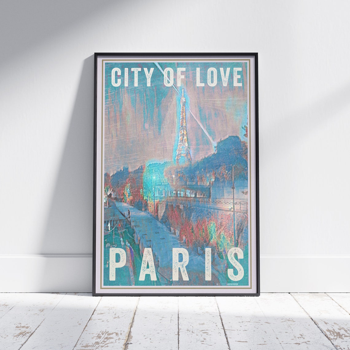 Paris City of Love Eiffel Tower Night Lights Vintage Travel Poster