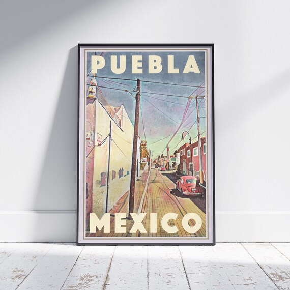 Puebla Mexico Vintage Travel Poster With Red VW Beetle Street Scene
