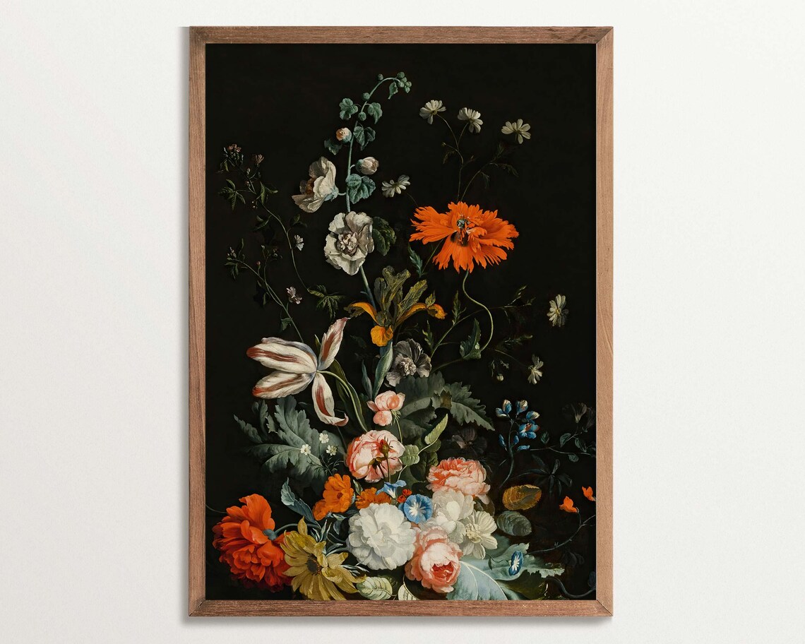 Moody Floral, Black Botanical Baroque Still Life