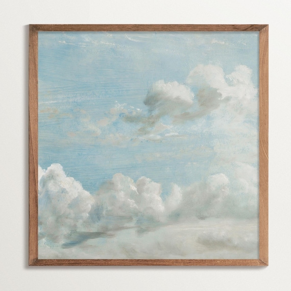 Square Cloudscape Wall Art Soft Blue Sky And Clouds Poster Vintage Style Cloud Print Minimalist Pastel Decor For Calm Interiors