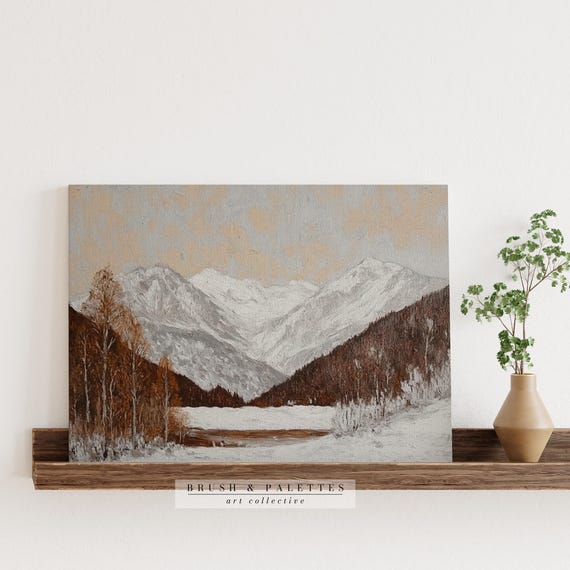 Sepia Winter Mountain Landscape Snowy Forest Lake Painting Rustic Neutral Nature Wall Art For Lodge Or Cabin Decor