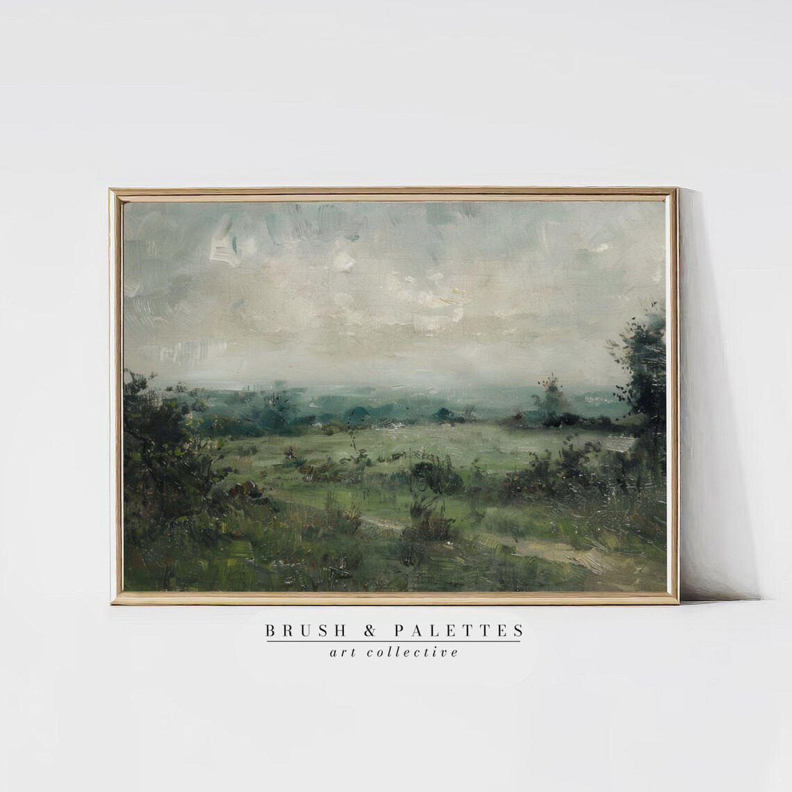 Misty Green Field Under Pale Sky Moody Oil Landscape Painting Poster