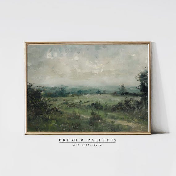 Misty Green Field Landscape Moody Oil Painting Wall Art Rustic Nature Scene For Lodge Farmhouse Or Country Home Decor