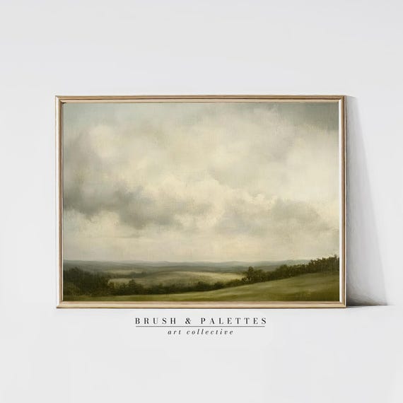 Soft Cloudy Sky Landscape Painting Minimalist Nature Wall Art Serene Countryside Decor For Rustic Primitive Farmhouse